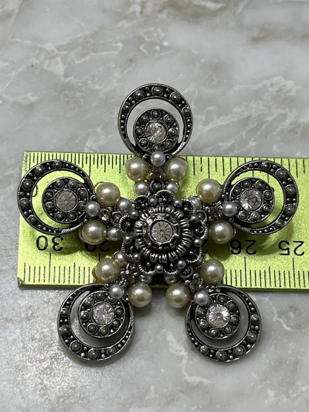 Vintage Silver Tone, Faux Pearl, and Rhinestone Floral Brooch - Picture 4 of 5